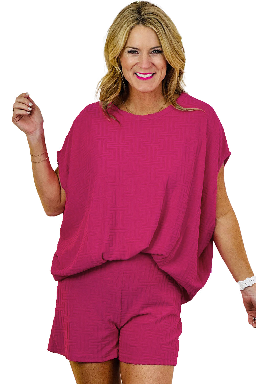 Rose Red Textured Dolman Sleeve Top and Shorts Set