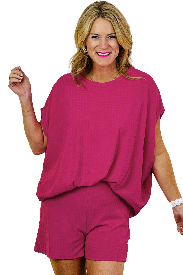 Rose Red Textured Dolman Sleeve Top and Shorts Set