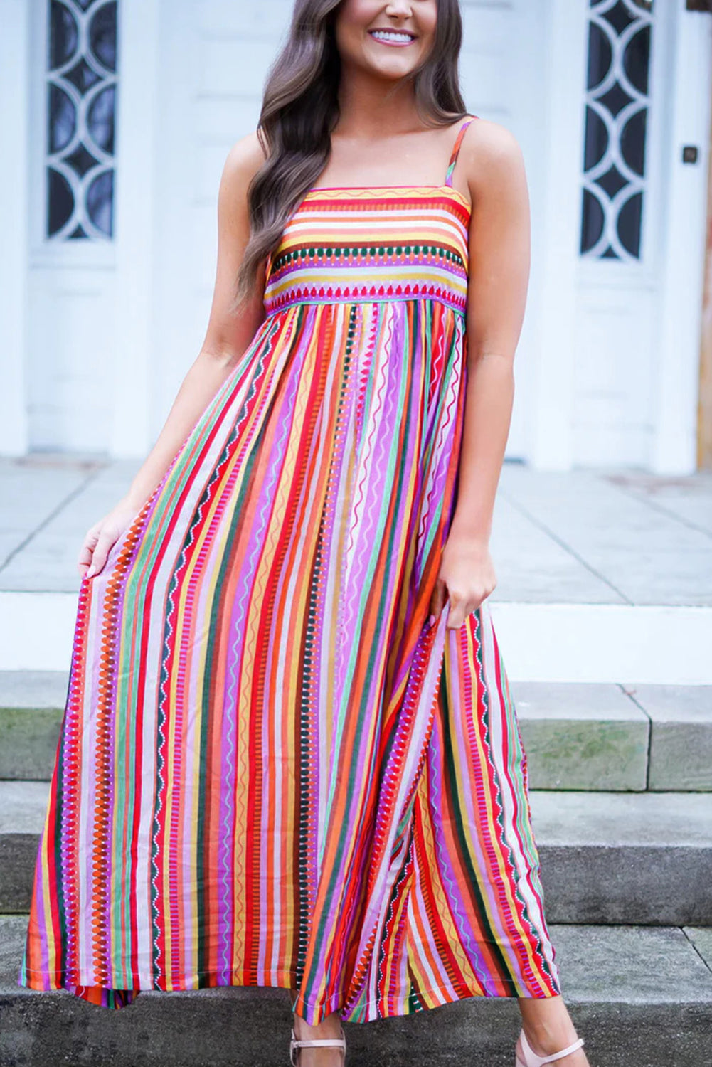 Multicolour Boho Striped Spaghetti Strap Smocked Back Maxi Dress