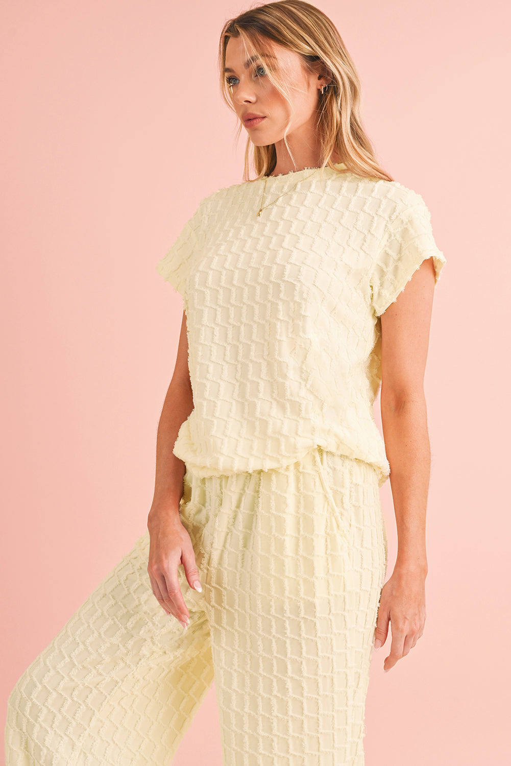 Apricot Lattice Textured Tee and Wide Leg Pants Two-Piece Set