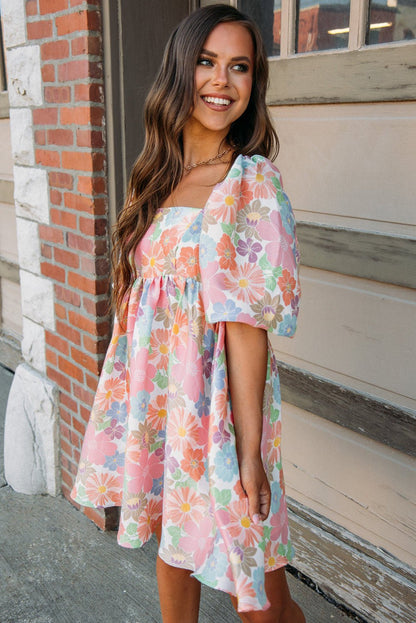 rose summer floral square neck puff sleeve babydoll dress