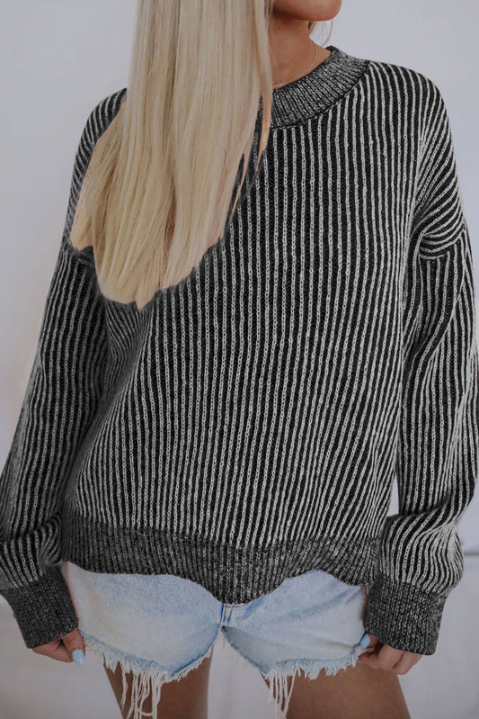 Black Stripe Ribbed Drop Shoulder Sweater