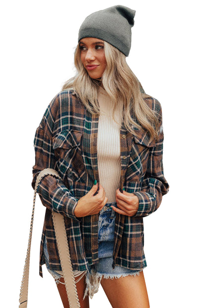 Brown Plaid Print Chest Pockets Buttoned Shacket