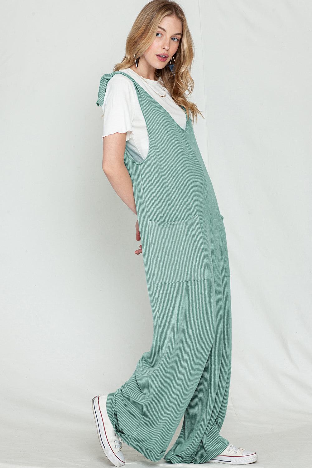 Dark Grey Green Pockets Oversized Ribbed Wide Leg Jumpsuit