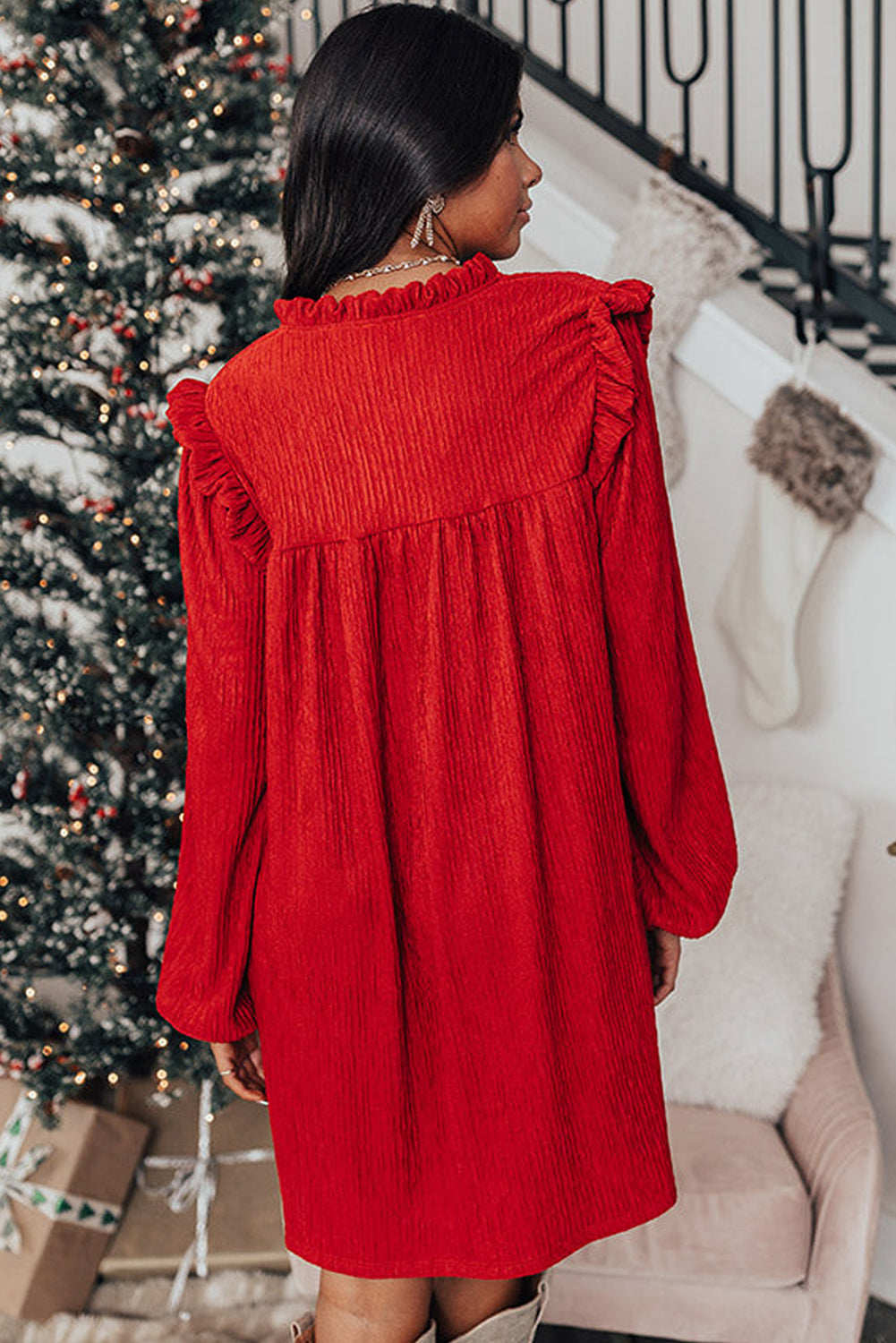 Fiery Red Frill Trim V Neck Loose Fit Ribbed Mini Dress