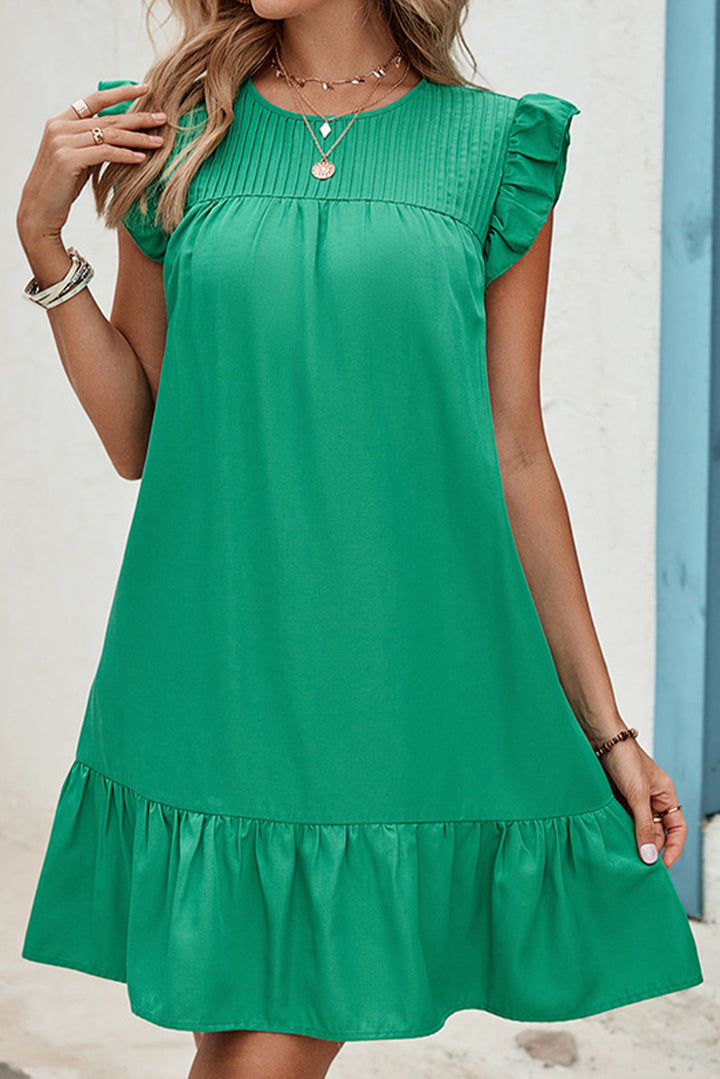 Bright Green Plain Round Neck Ruffle Sleeve Short Dress