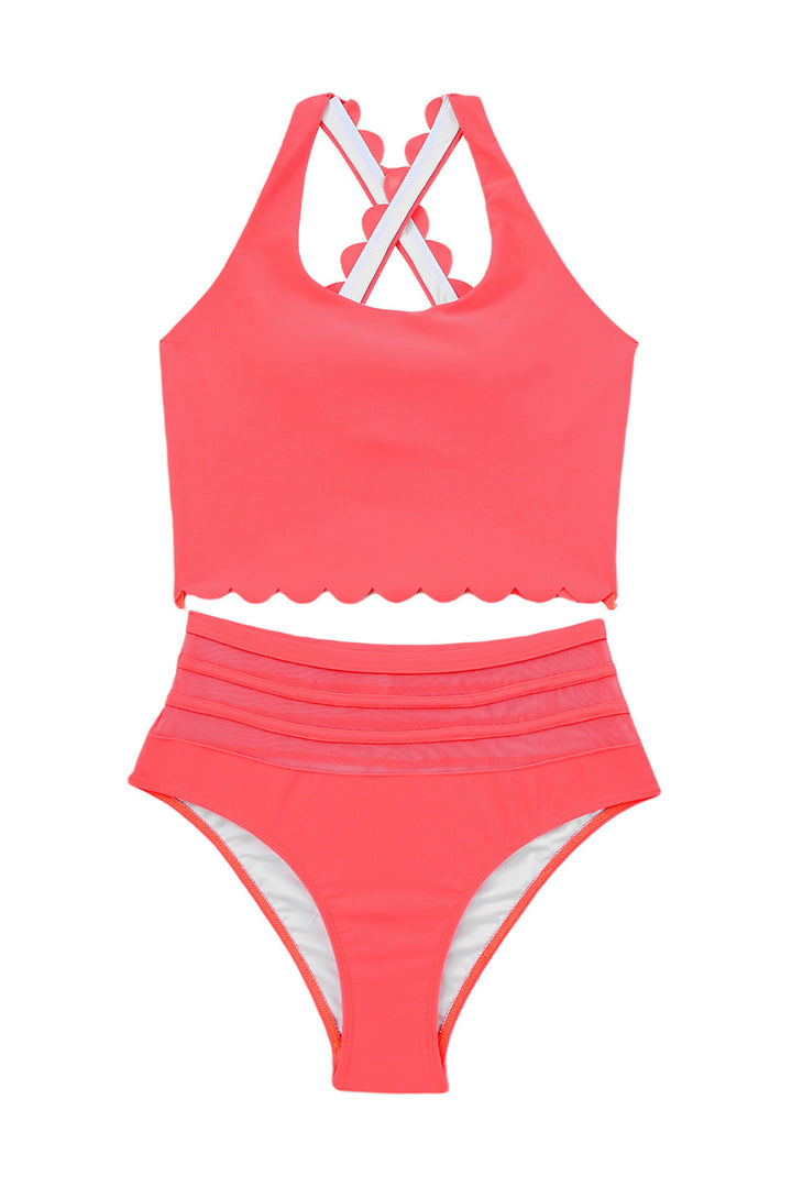 Pink Scalloped Sleeveless High Waisted Two Piece Swimsuit