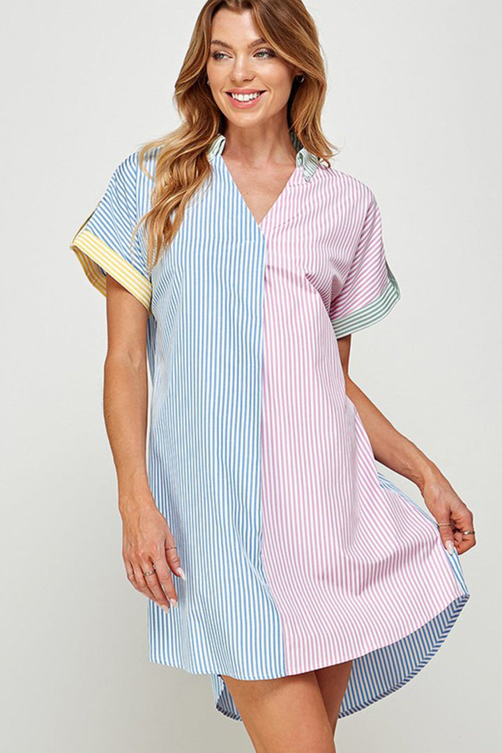 Sky Blue Stripe Colorblock Collared Mini Shirt Dress