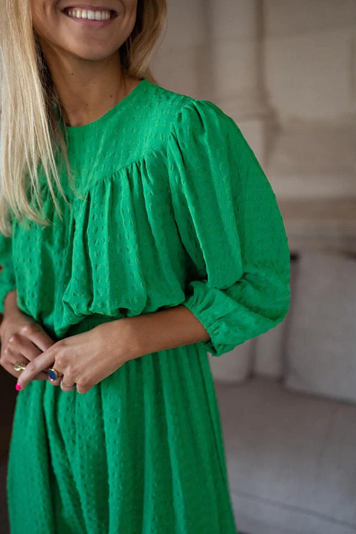 Dark Green Solid Color Round Neck Puff Sleeve Mini Dress