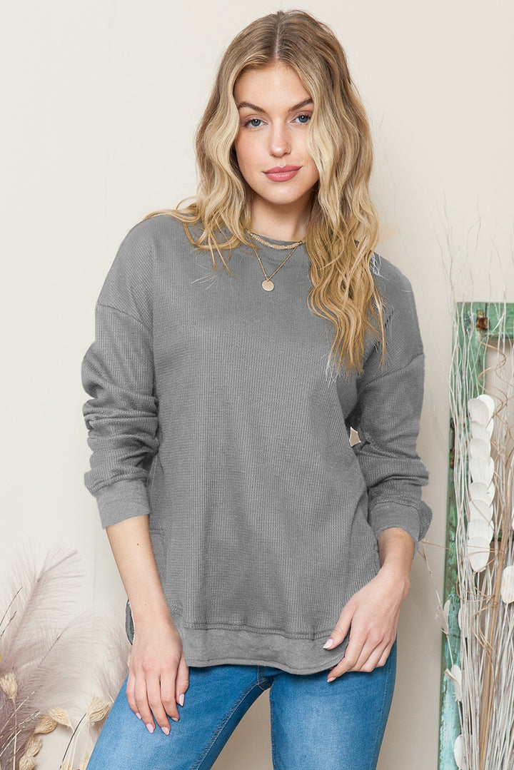 Apricot Crew Neck Ribbed Trim Waffle Knit Long Sleeve Top
