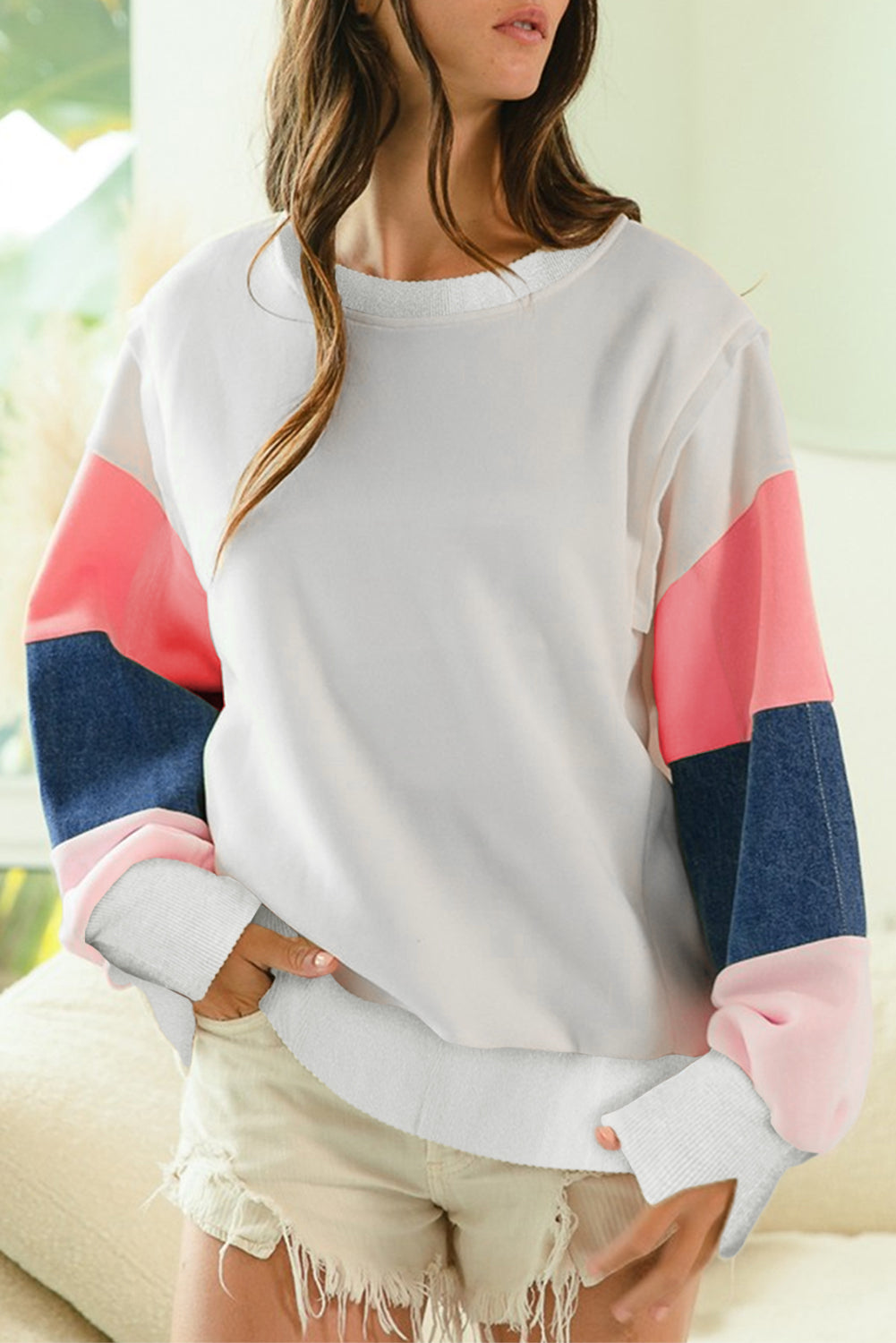 White Color Block Sleeve Ribbed Trim Long Sleeve Top