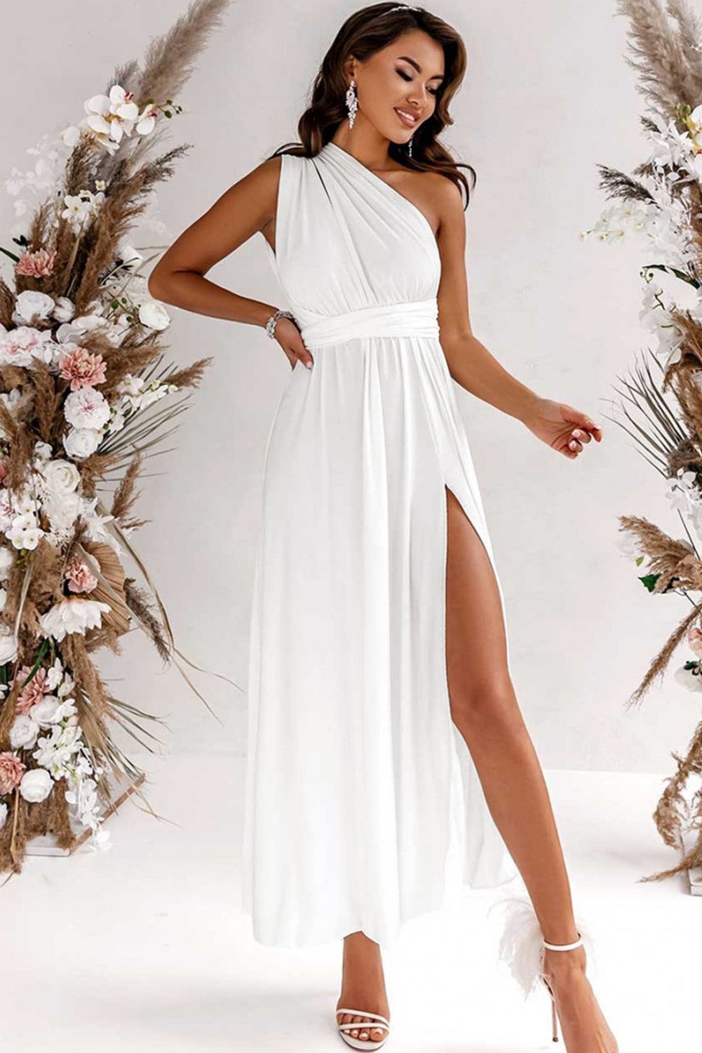 White Ruched High Split Cutout Back Sleeveless Maxi Dress