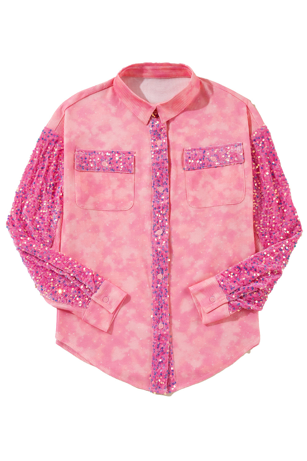 Pink Mineral Wash Sequin Patchwork Flap Pocket Shacket