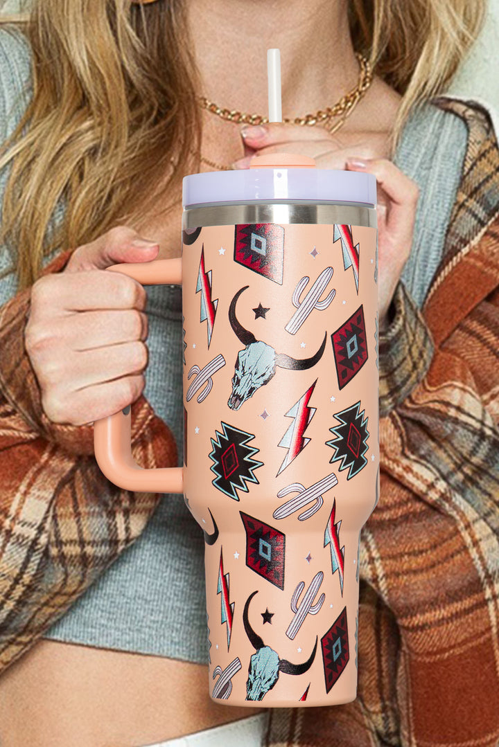 Apricot Pink Mixed Print Steer Head Stainless Tumbler