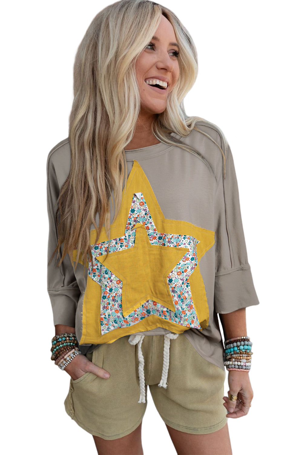 Rose Tan Floral Star Patched Exposed Seam Mineral Wash Top