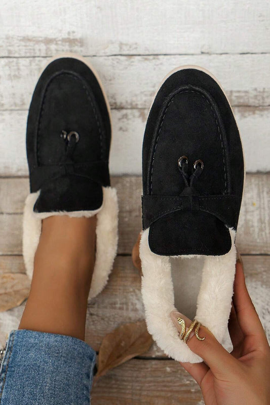 Black Suede Furry Lined Slip On Flat Shoes