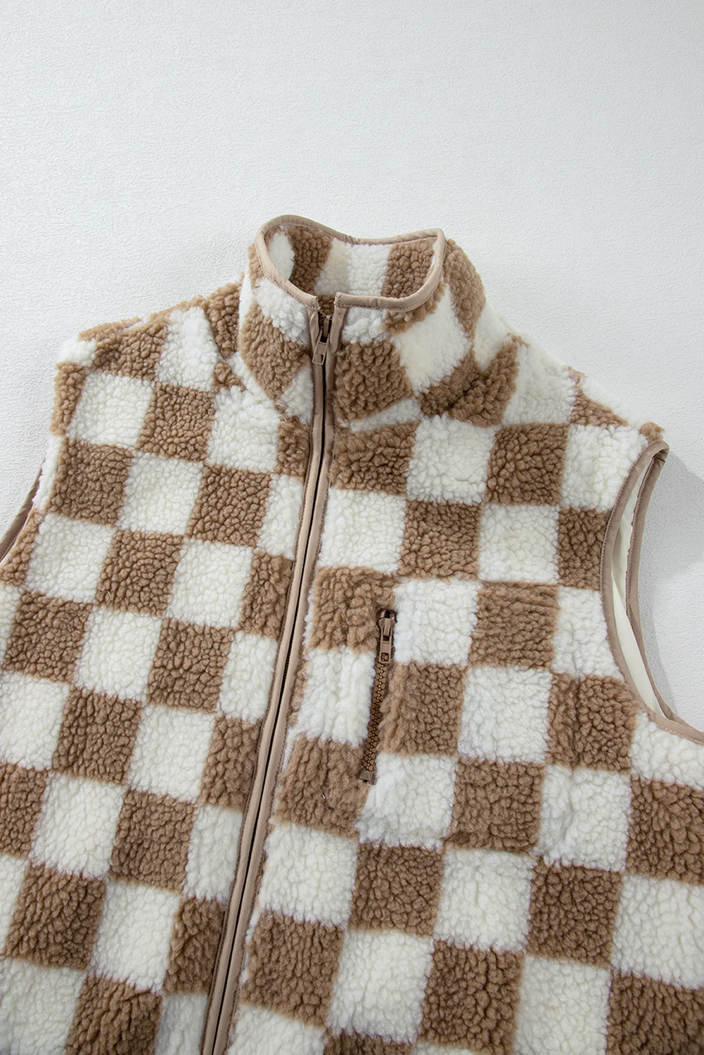 Khaki Checkered Sherpa Collared Jacket Vest