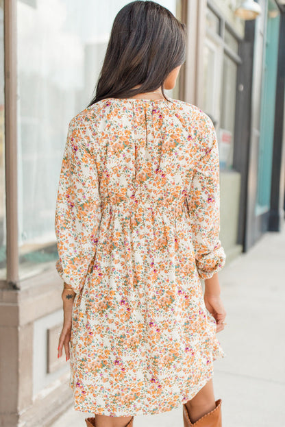 Yellow Boho Floral V Neck Ruffled High Waist Long Sleeve Mini Dress