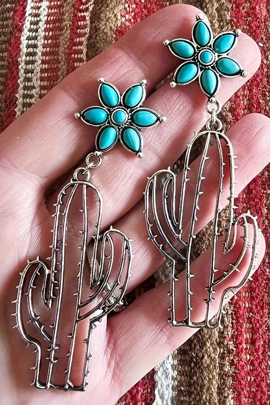 Silvery Turquoise Flower Cactus Dangle Earrings