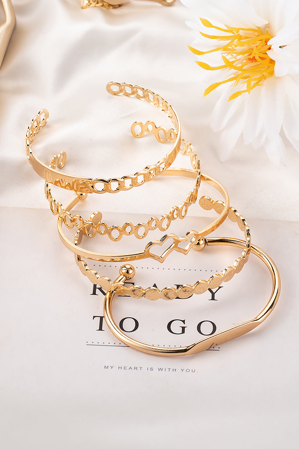 Gold Hollow Out Love Letter Heart Open Cuff Bangle 5pcs