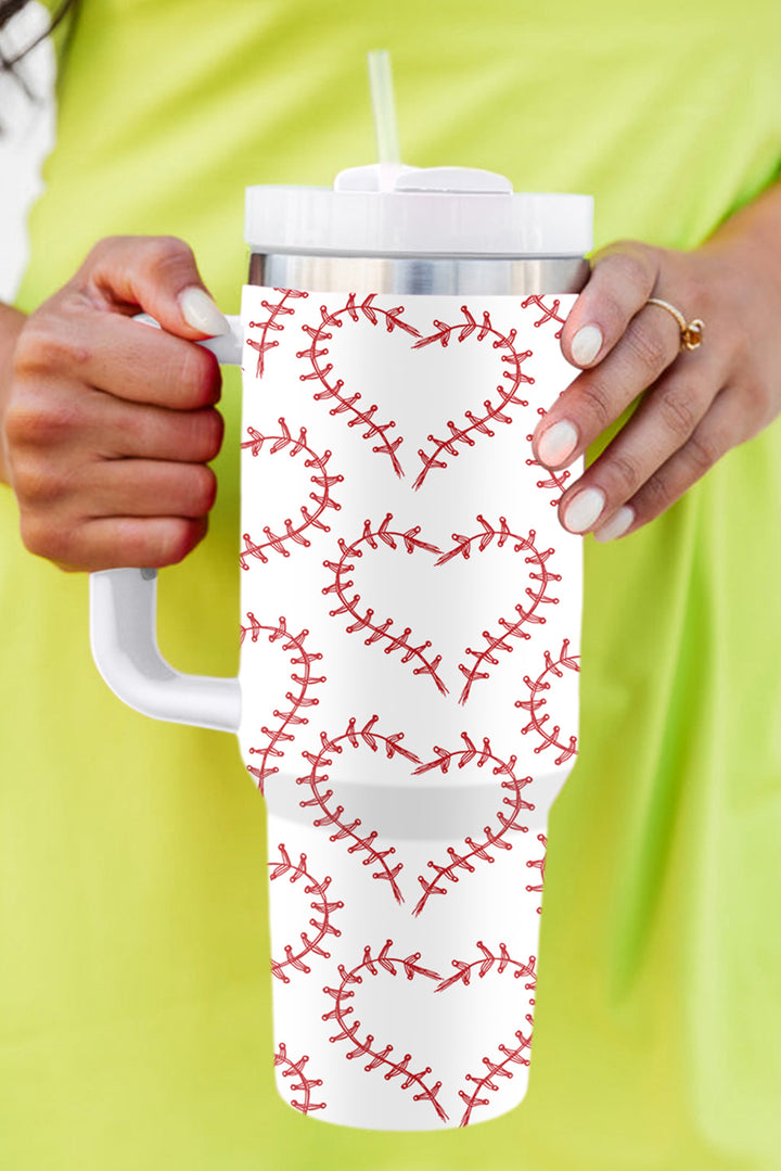 White Heart Baseball Print Stainless Thermos Cup with Handle