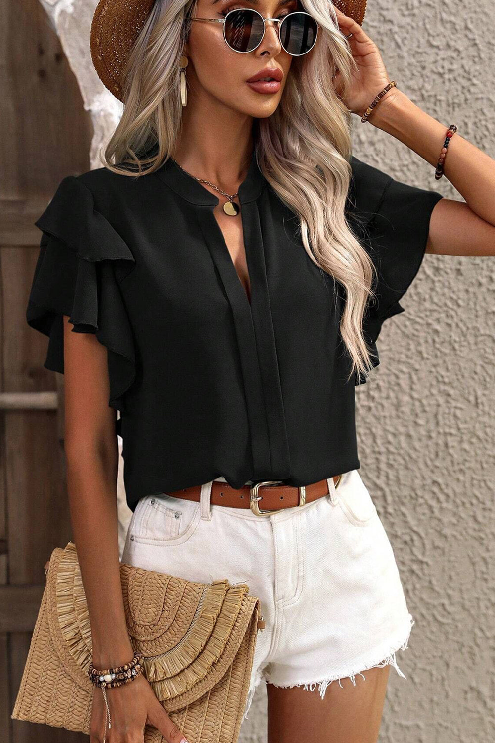 Black Solid Color V Neck Double Layer Ruffle Sleeve Blouse