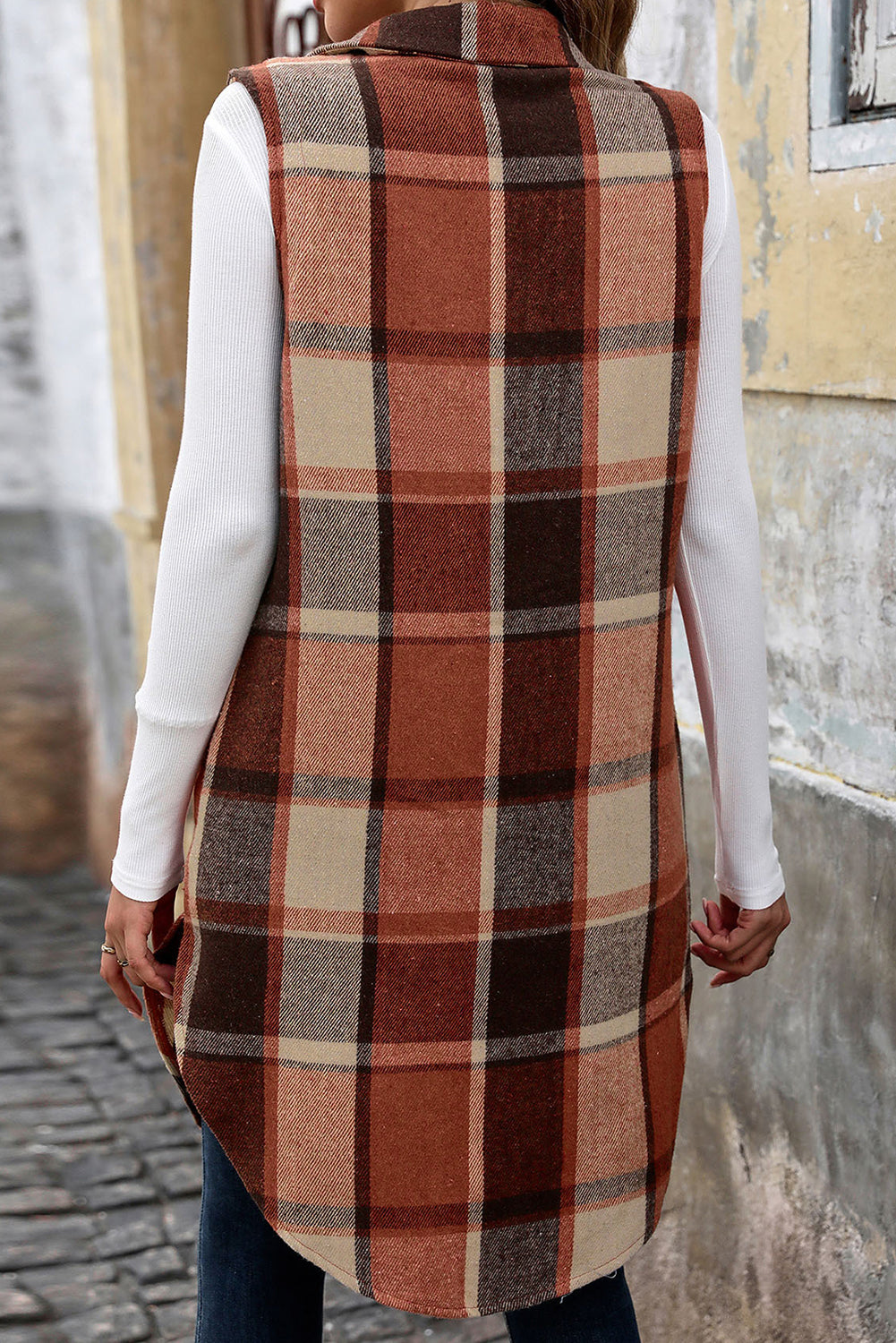 Cinnamon Mid Length Sleeveless Plaid Vest Jacket