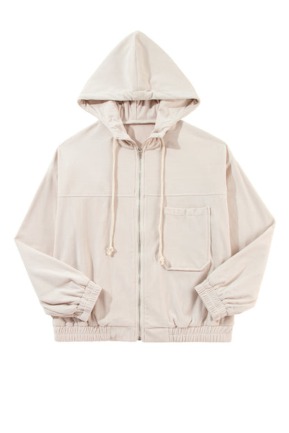 White Corduroy Drawstring Hooded Pocket Zip Up Jacket