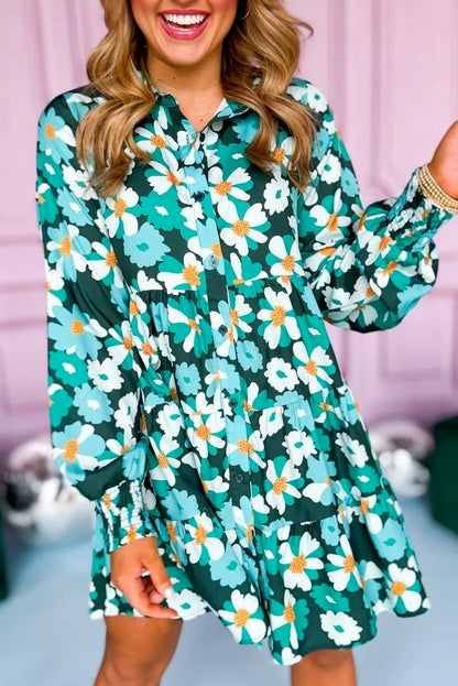 Blackish Green Flower Print Smocked Cuffs Tiered Mini Dress