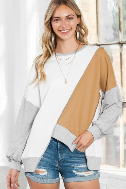 Khaki Colorblock Stitching Irregular Hem Long Sleeve Top