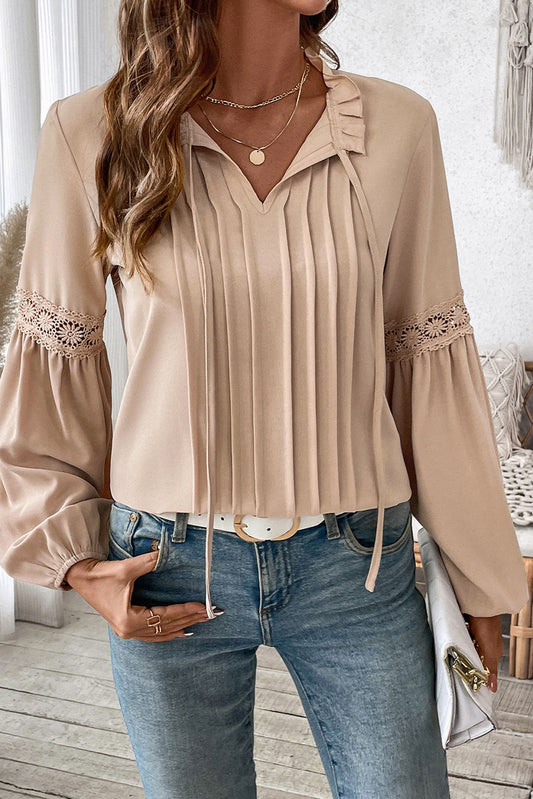 Pale Khaki Solid Color Casual Lace-Up V-Neck Pleated Shirt