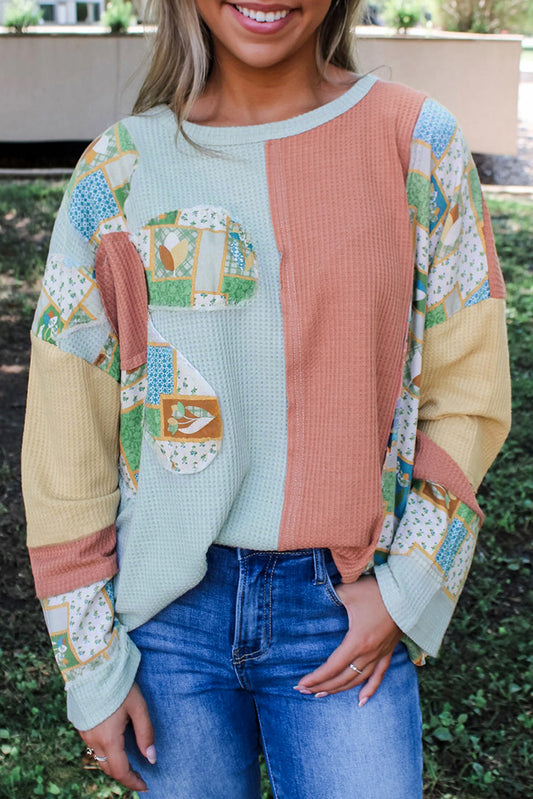 Sail Blue Waffle Patchwork Flower Sweatshirt