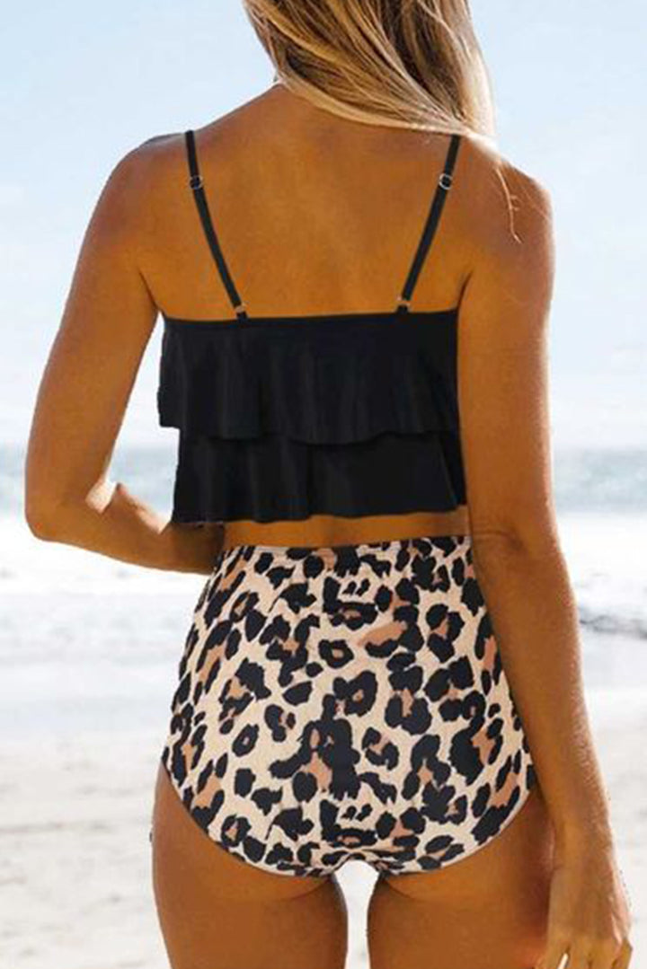 Black Ruffle Tank Top and Leopard Print Shorts Bikini Set