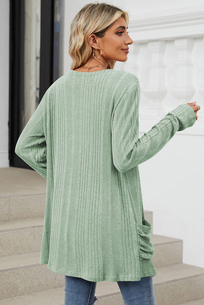 Smoke Green Knit Pocket Open Front Cardigan