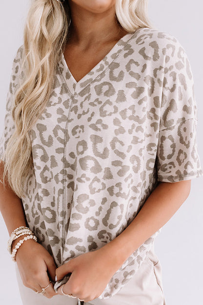 Brown Leopard Print Exposed Stitching V Neck T Shirt- Plus Size