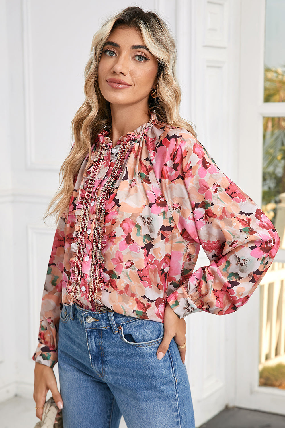 Red Floral Print Frill Stitch Buttoned Loose Fit Shirt