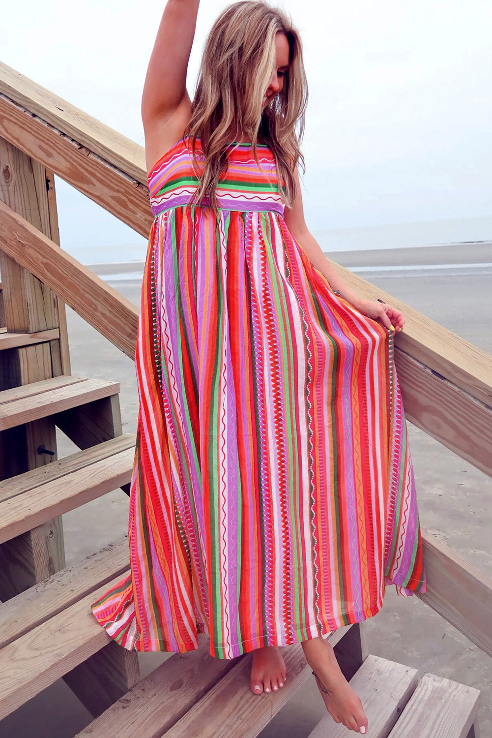 Multicolour Boho Striped Spaghetti Strap Smocked Back Maxi Dress