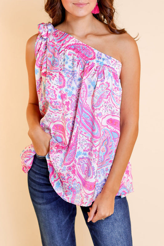 Multicolour Paisley Knot Asymmetric Shoulder Boho Top