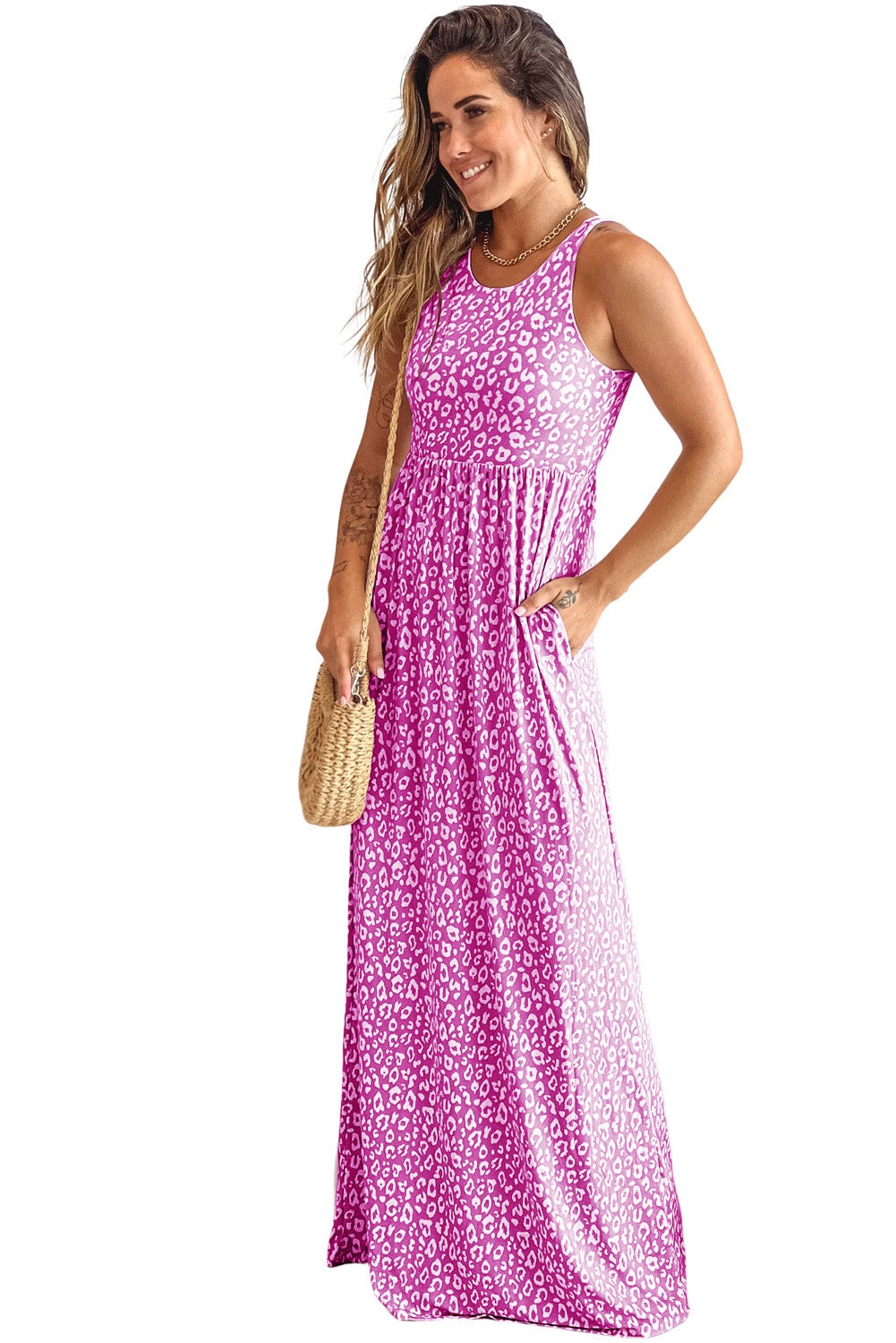 Pink Sleeveless Floor Length Leopard Print Dress