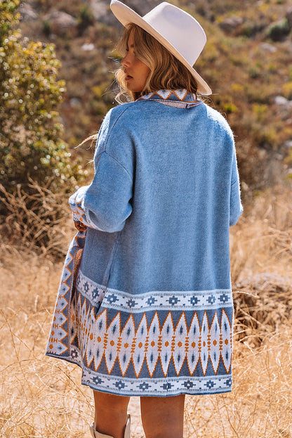 Blue Geometric Print Open Front Knit Cardigan