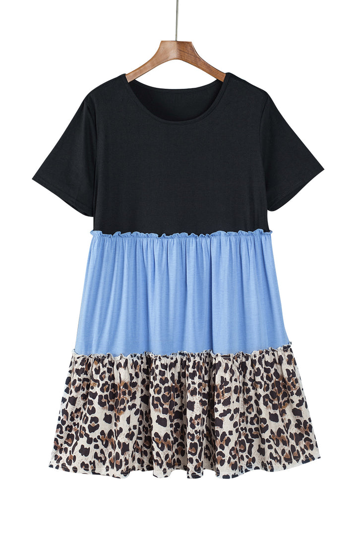 Black & Blue Color Block Leopard Patchwork Plus Size Shirt Dress