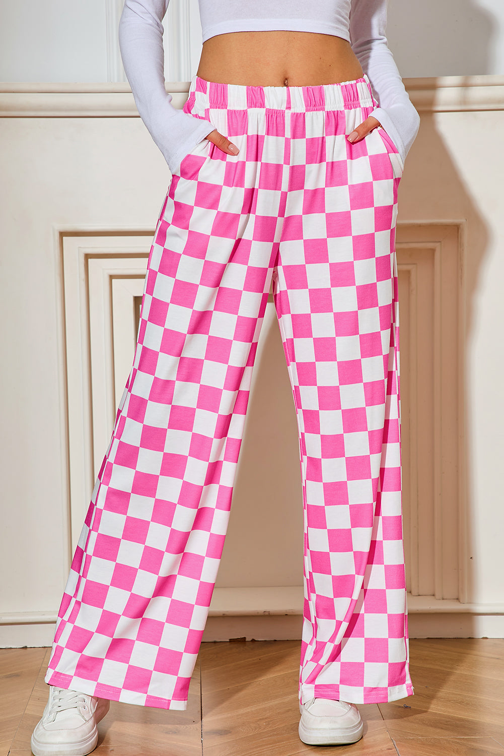 Green Checkered Print High Waist Wide Leg Pants