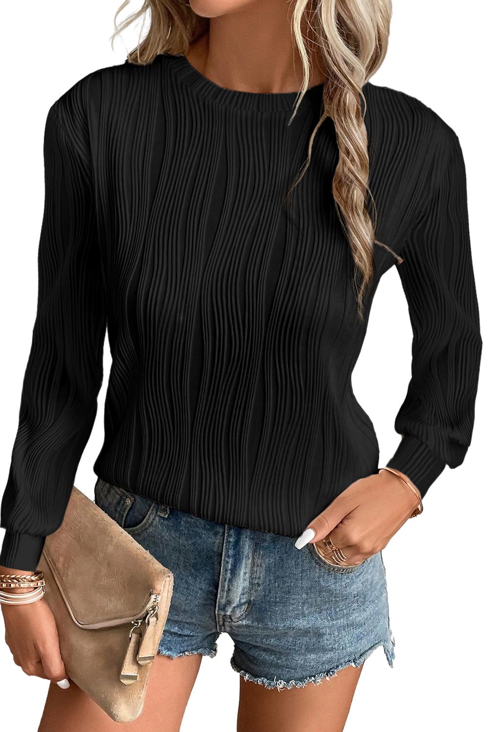 White Wavy Textured Solid Color Drop Shoulder Pullover Top