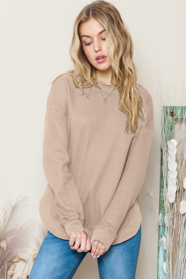 Apricot Crew Neck Ribbed Trim Waffle Knit Long Sleeve Top