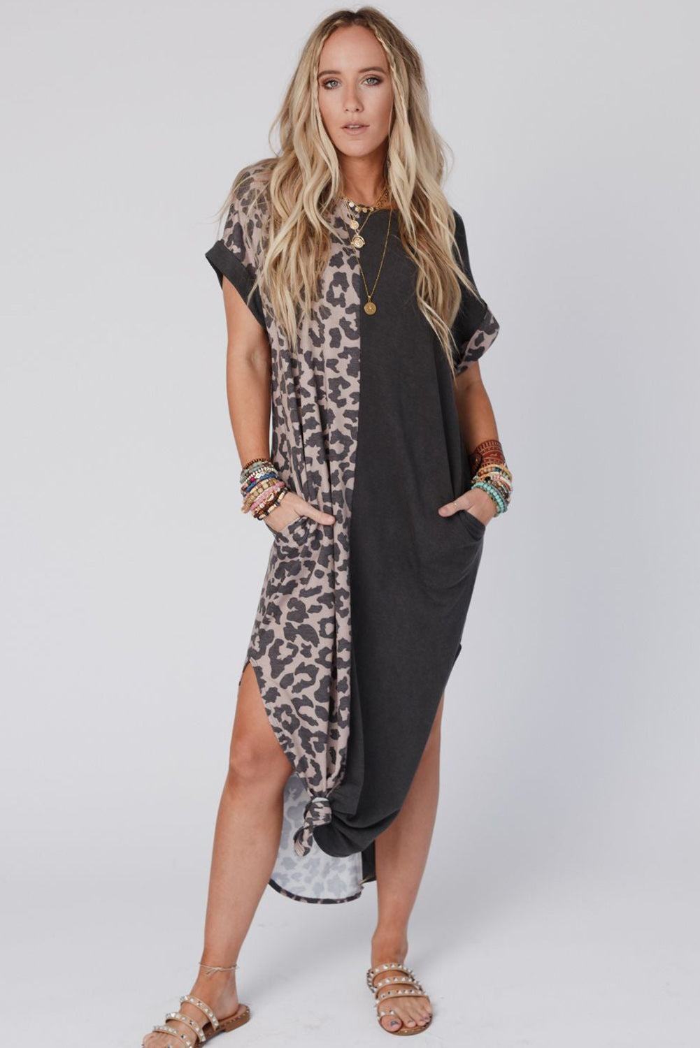 Black Leopard Patchwork Casual T-Shirt Dress With Slits