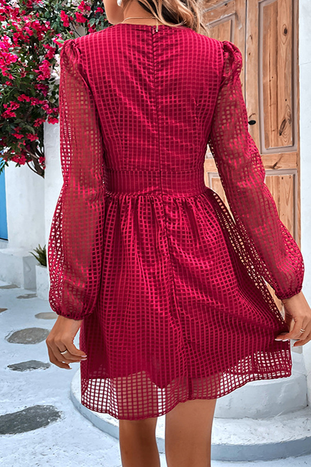 Racing Red Hollowed Out Long Sleeve V Neck Short Dress