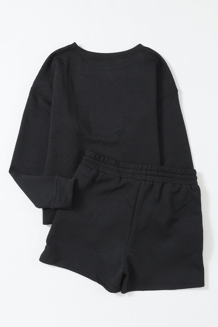 Gray Textured Long Sleeve Top & Drawstring Shorts Set