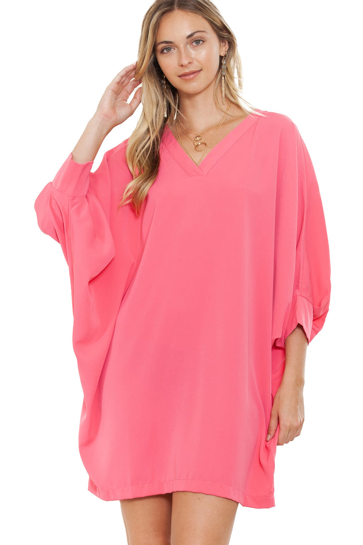 Strawberry Pink Solid Color V Neck 3/4 Sleeve Dress