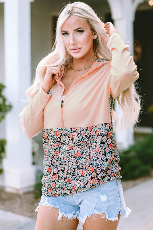 Pink Floral Patch Half Zip Hoodie