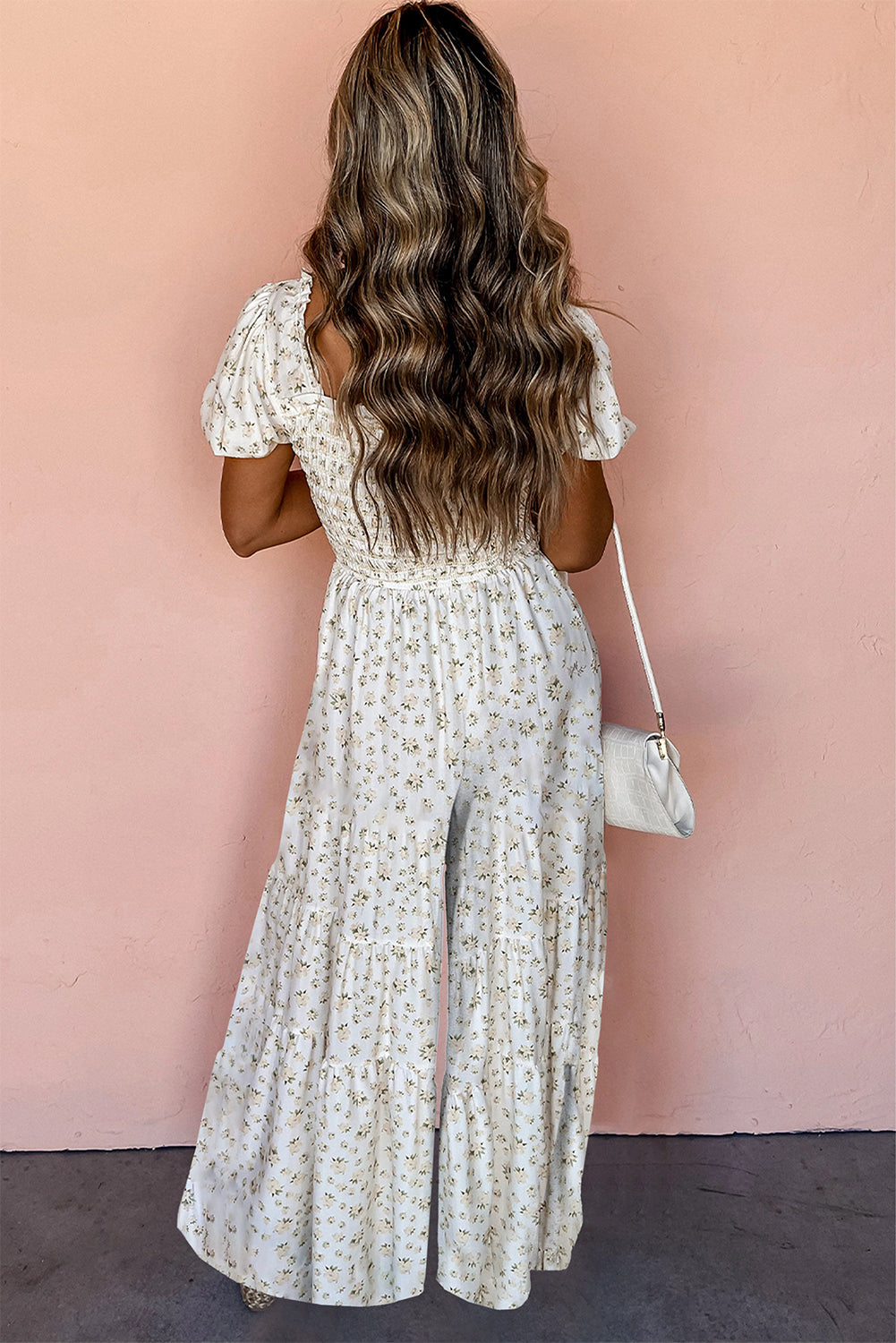 White Ditsy Floral Smocked Puff Sleeve High Waist Jumpsuit